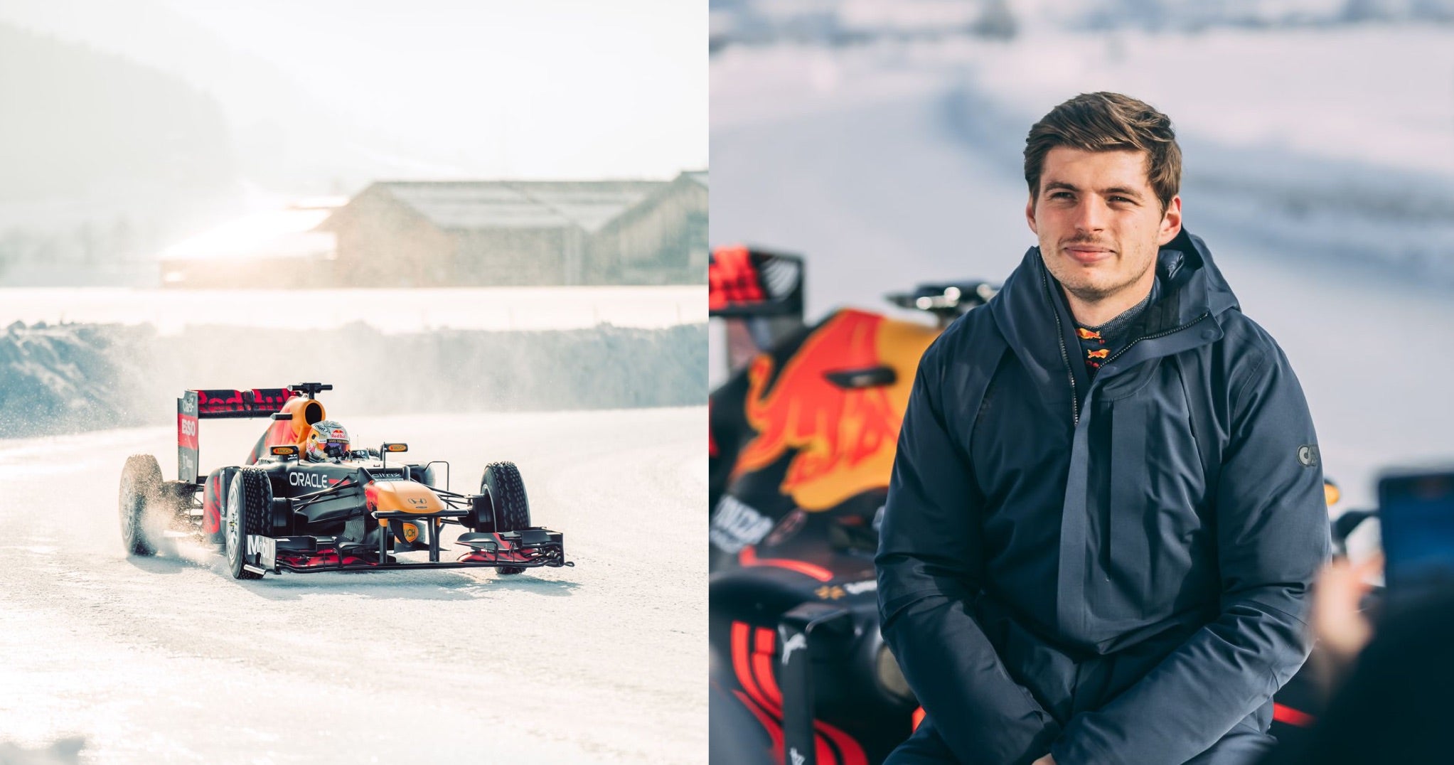 <span>(Left) F1 World Champion Max Verstappen drives Red Bull Racing’s 2012 title-winning RB8 on the 2022 GP Ice Race circuit</span> <br/><span class="caption-sub"><em>Photo credit: Max Zappolino </em></span><br/><span>(Right) Red Bull Racing’s Max Verstappen at the 2022 GP Ice Race. This was his first experience operating an F1 car on ice and his first drive using the champion No. 1 license plate</span> <br/><span class="caption-sub"><em>Photo credit: Stephan Bauer </em></span><br/>